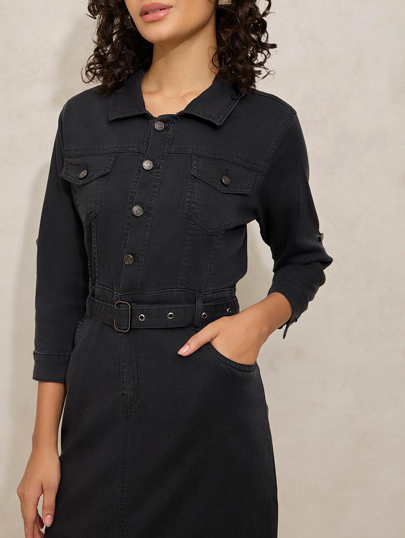 women black solid collared belted dress - 21941857 - Standard Image - 2