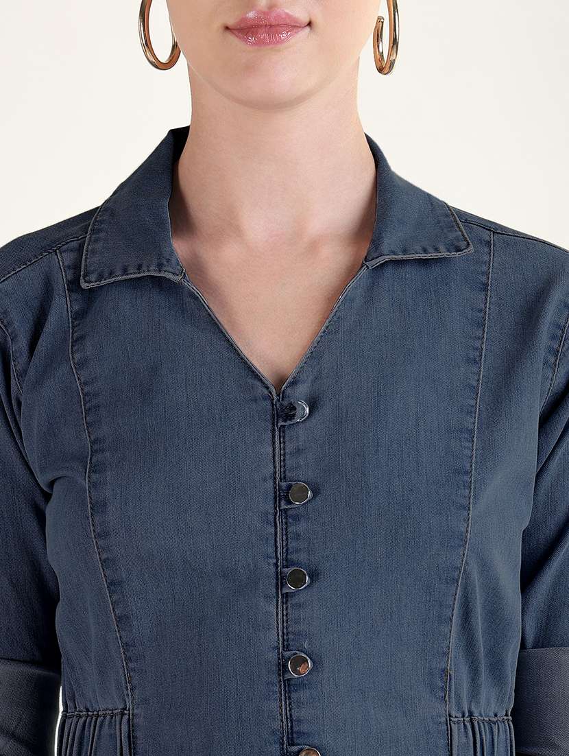 women solid roll-up sleeve denim shirt dress - 21941861 -  Standard Image - 2