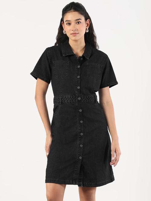 women solid short sleeve denim shirt dress - 21941863 - Standard Image - 0
