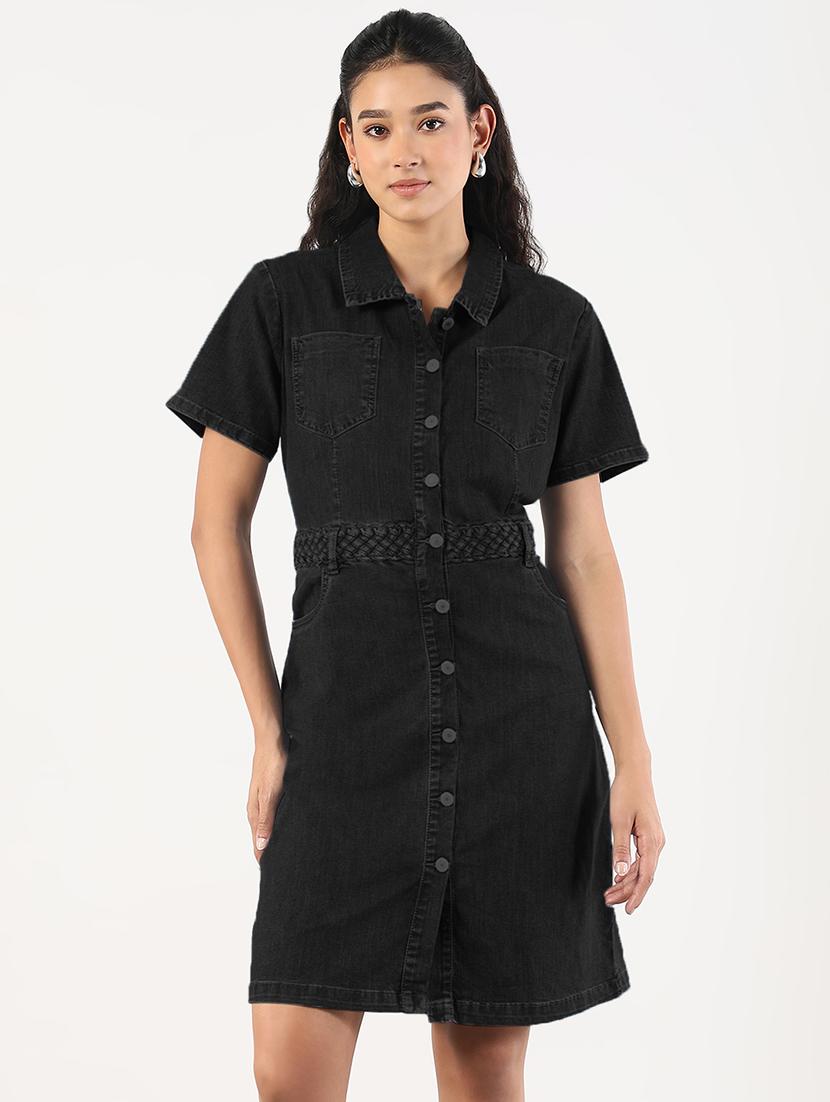 women solid short sleeve denim shirt dress - 21941863 - Zoom Image - 0