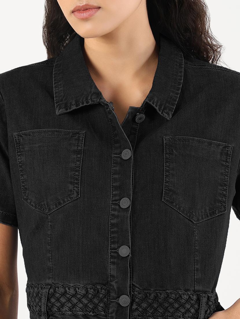 women solid short sleeve denim shirt dress - 21941863 - Standard Image - 2