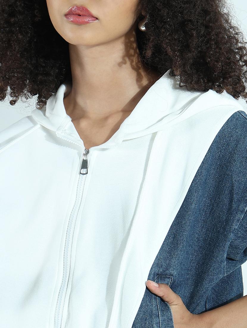 women color blocked long sleeve hooded denim jacket - 21941867 - Standard Image - 2