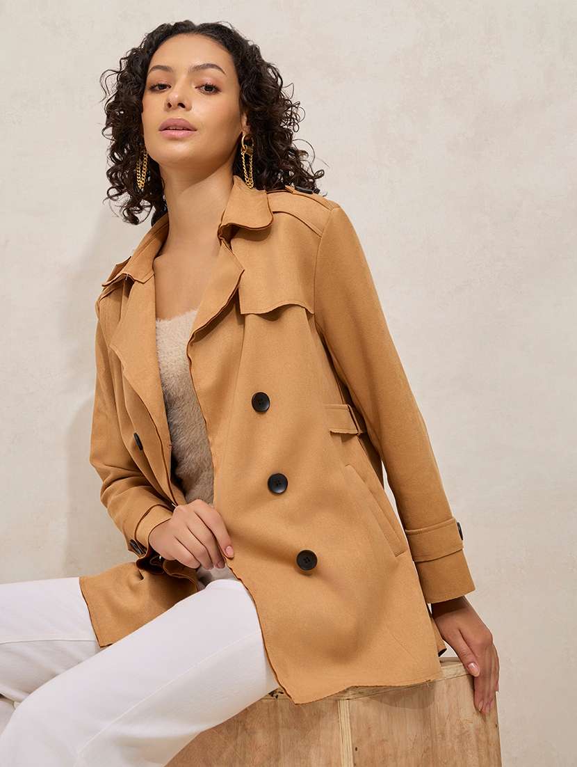 women solid notch lapel long sleeve trench coat