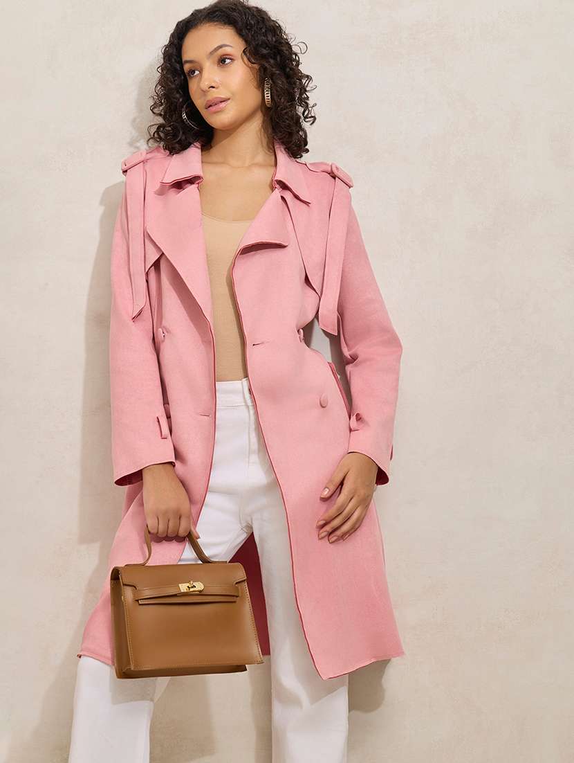 women solid notch lapel long sleeve trench coat