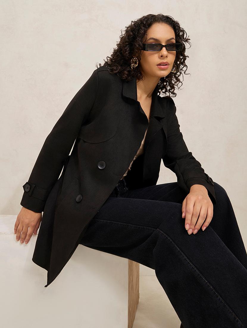 women solid notch lapel long sleeve trench coat - 21941875 - Zoom Image - 0