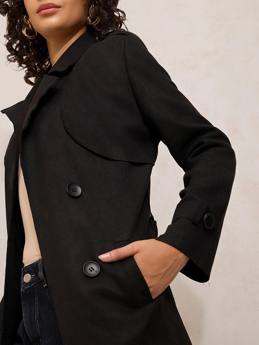 women solid notch lapel long sleeve trench coat - 21941875 - Standard Image - 2