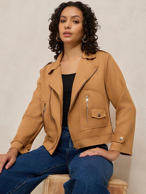 women solid long sleeve biker jacket - 21941877 - Standard Image - 0