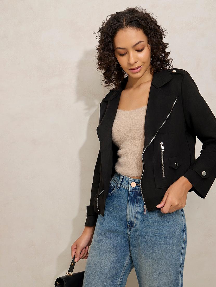 women solid long sleeve biker jacket - 21941878 -  Zoom Image - 0