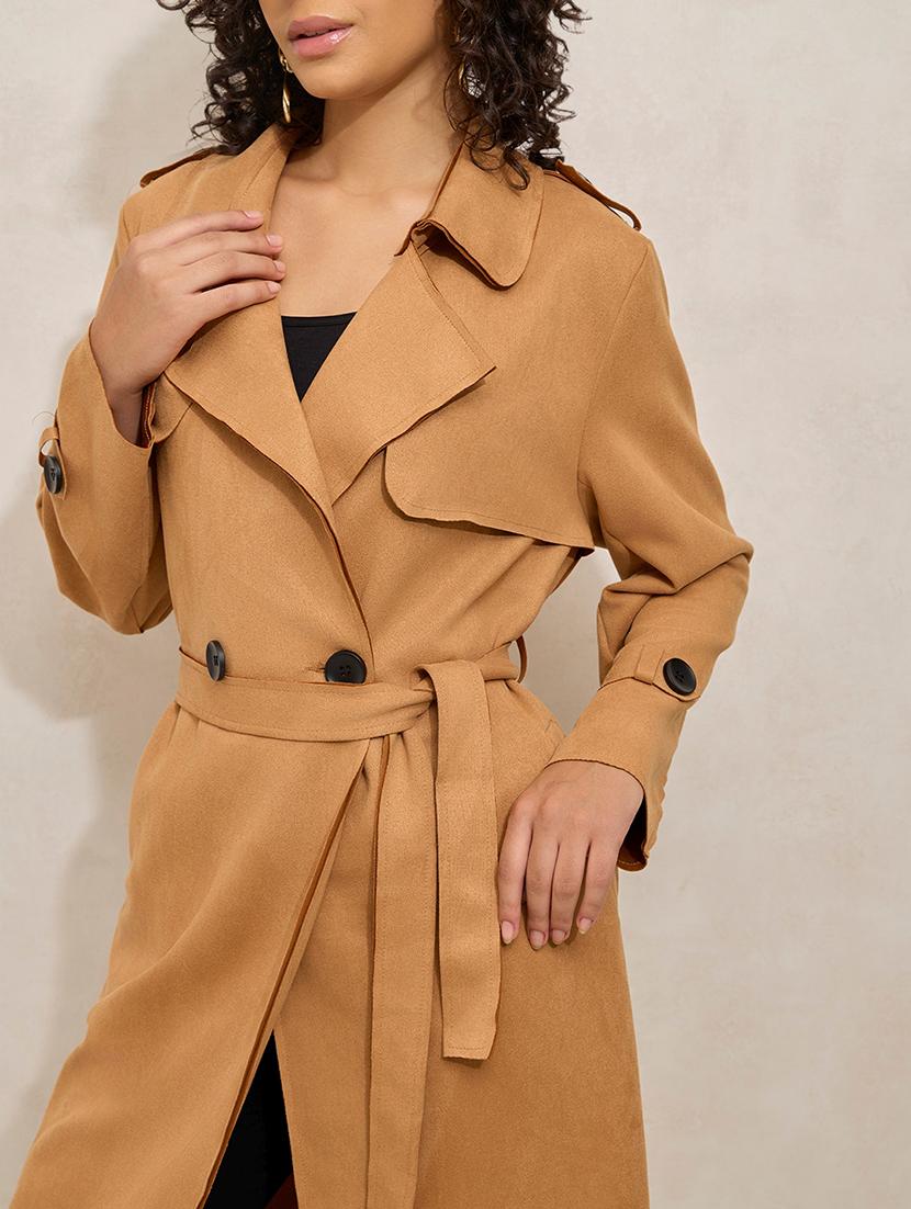 women solid notch lapel long sleeve trench coat - 21941879 - Standard Image - 2