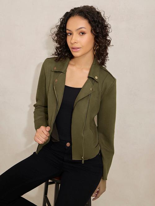 women solid long sleeve biker jacket - 21941881 - Standard Image - 0