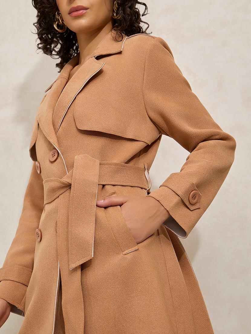 women solid notch lapel long sleeve trench coat - 21941882 - Standard Image - 2