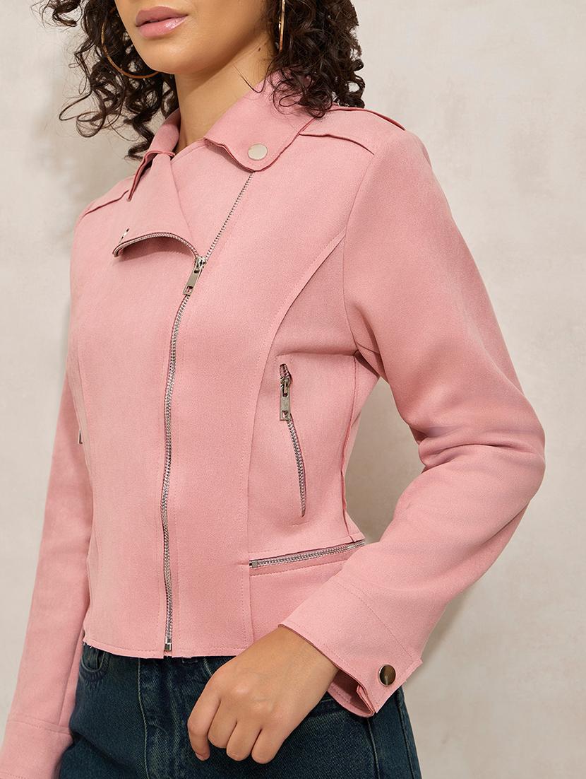 women solid long sleeve biker jacket - 21941885 - Standard Image - 2