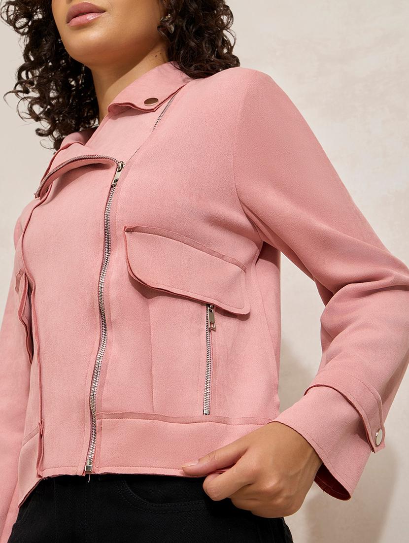 women solid long sleeve biker jacket - 21941887 - Standard Image - 2
