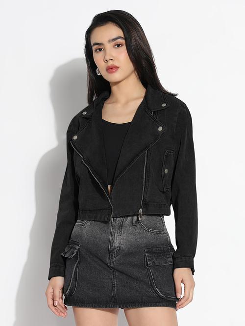 women solid long sleeve denim biker jacket - 21941889 - Standard Image - 0