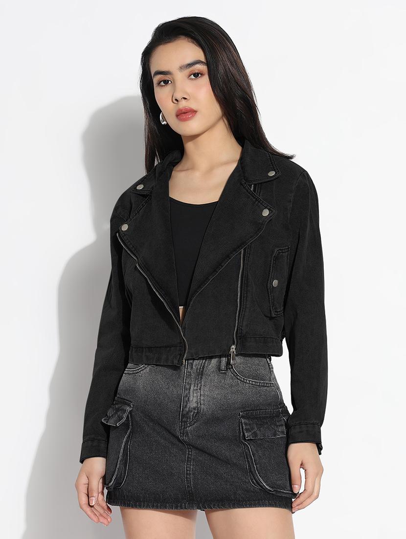 women solid long sleeve denim biker jacket - 21941889 - Zoom Image - 0