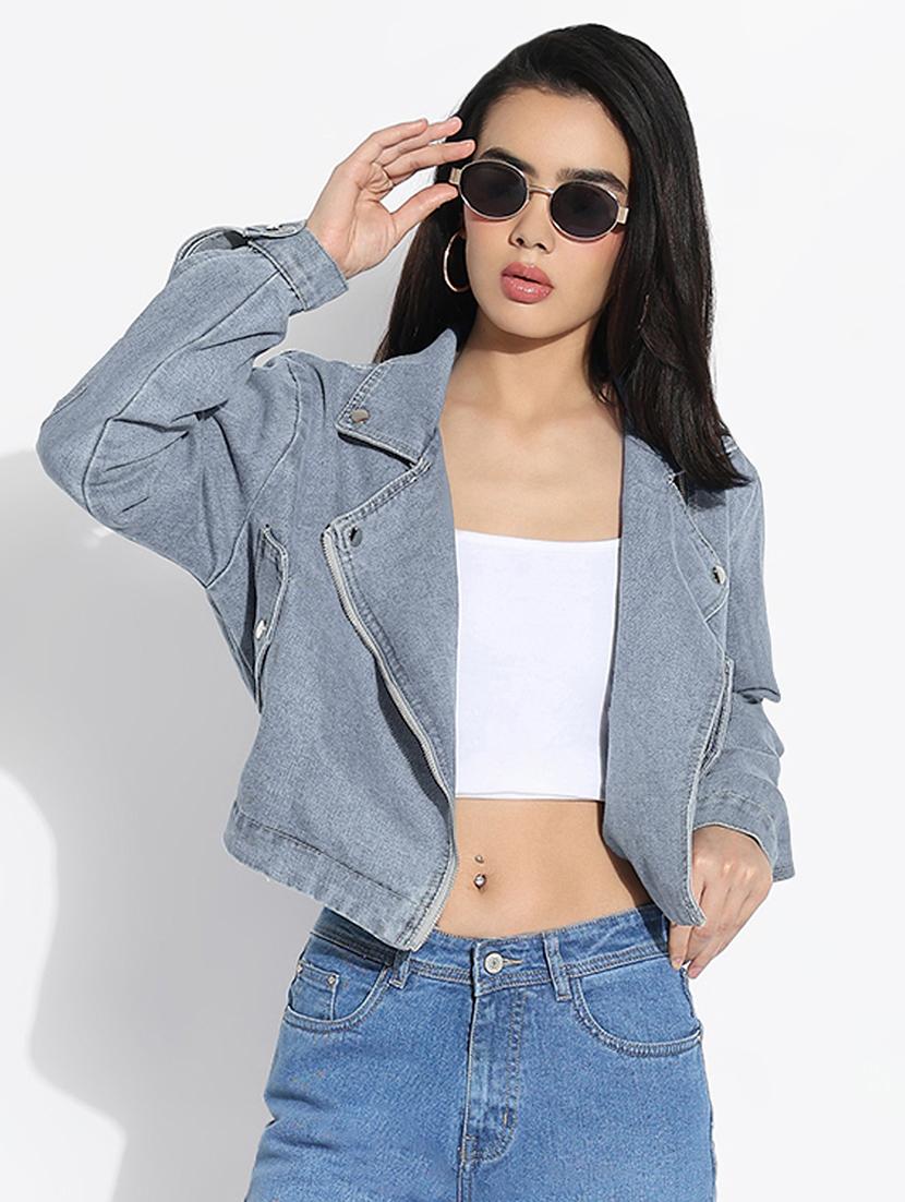 women solid long sleeve cropdenim jacket - 21941890 -  Zoom Image - 0
