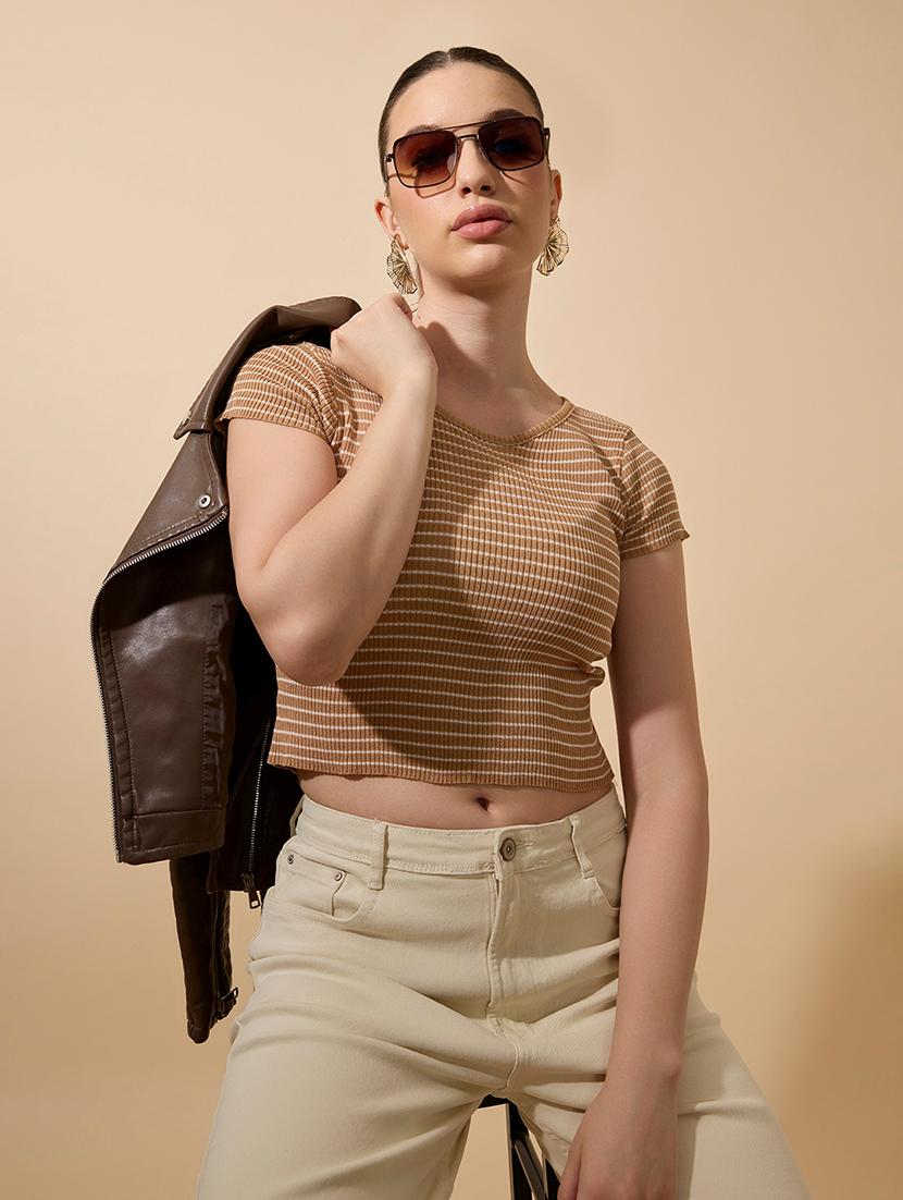 women striped short sleeve crop top - 21941898 - Zoom Image - 0