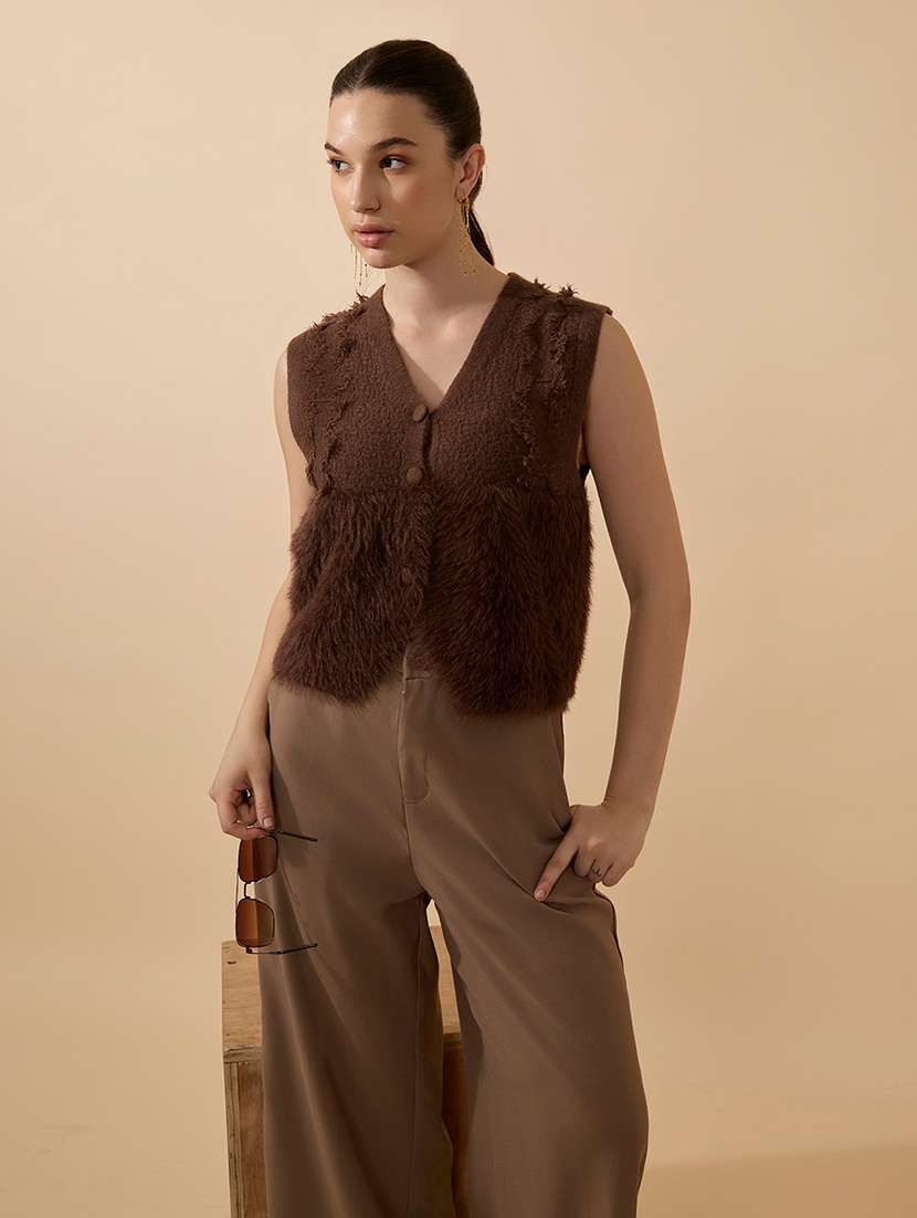 women brown solid sleeveless vest top