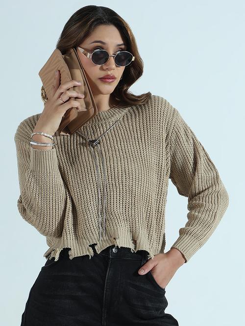 women solid long sleeve ripped crop pullover - 21941915 - Standard Image - 0