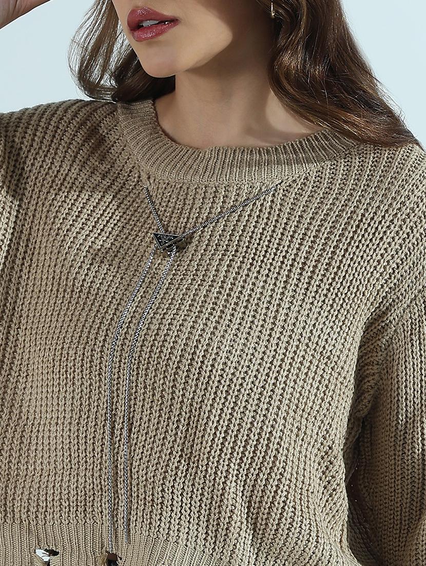 women solid long sleeve ripped crop pullover - 21941915 - Standard Image - 2