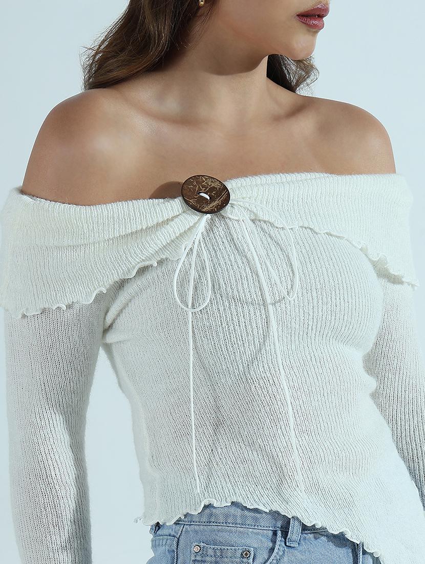 women solid off shoulder long sleeve top - 21941918 - Standard Image - 2
