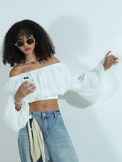 white off-shoulder bell sleeves party wear top - 21941923 - Standard Image - 0