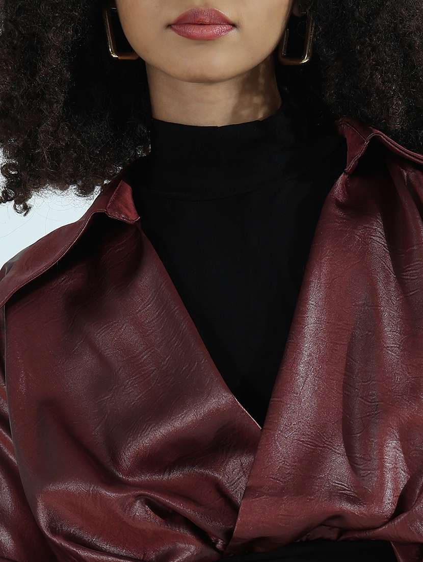 women maroon solid fux leather crop shirt top - 21941930 -  Standard Image - 2