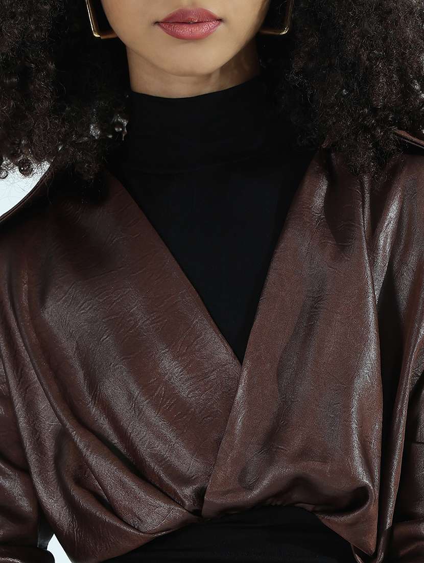 women brown solid faux leather crop shirt top - 21941931 -  Standard Image - 2