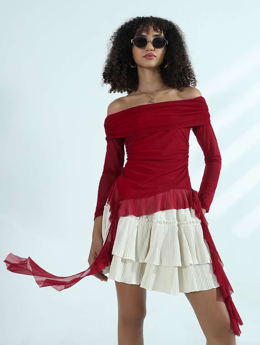 women off shoulder long sleeve asymmetric top