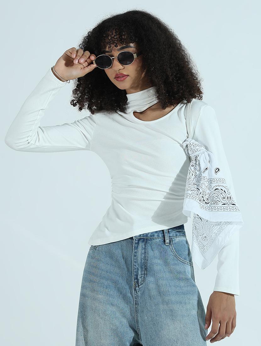 women solid long sleeve cut out asymmetric top - 21941933 -  Zoom Image - 0