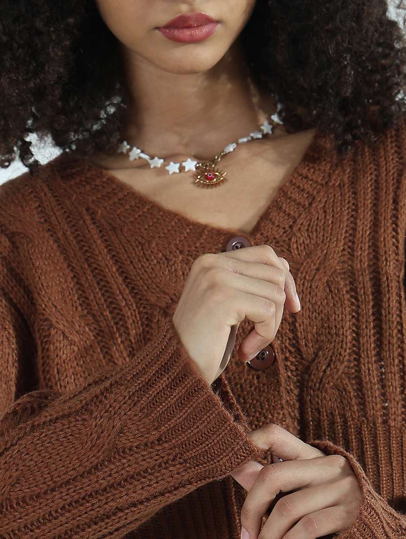 women brown solid long sleeve crop cardigan - 21941935 - Standard Image - 2