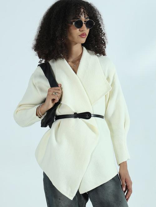 women cream solid long sleeve wrap cardigan - 21941937 - Standard Image - 0