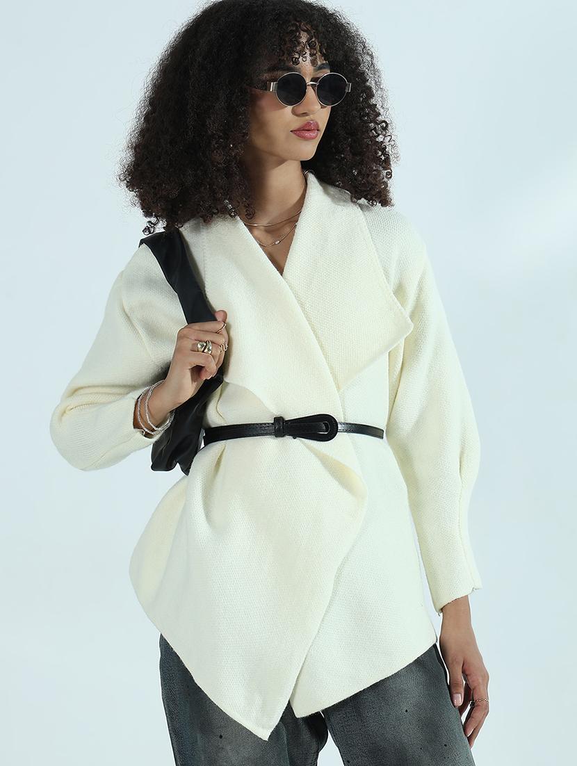 women cream solid long sleeve wrap cardigan - 21941937 - Zoom Image - 0