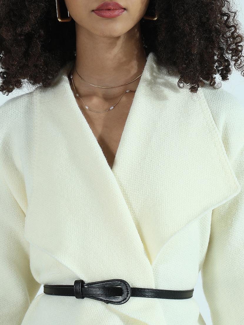 women cream solid long sleeve wrap cardigan - 21941937 - Standard Image - 2