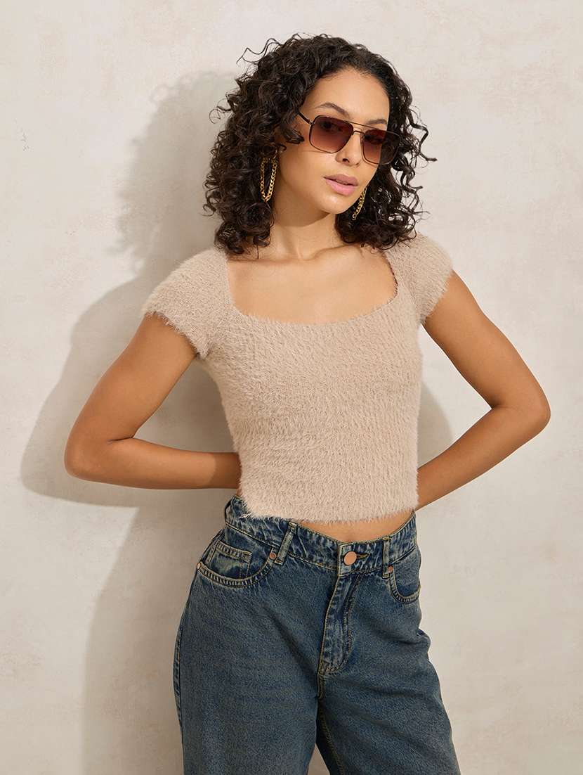 women solid short sleeve back tie crop top - 21941939 - Zoom Image - 0