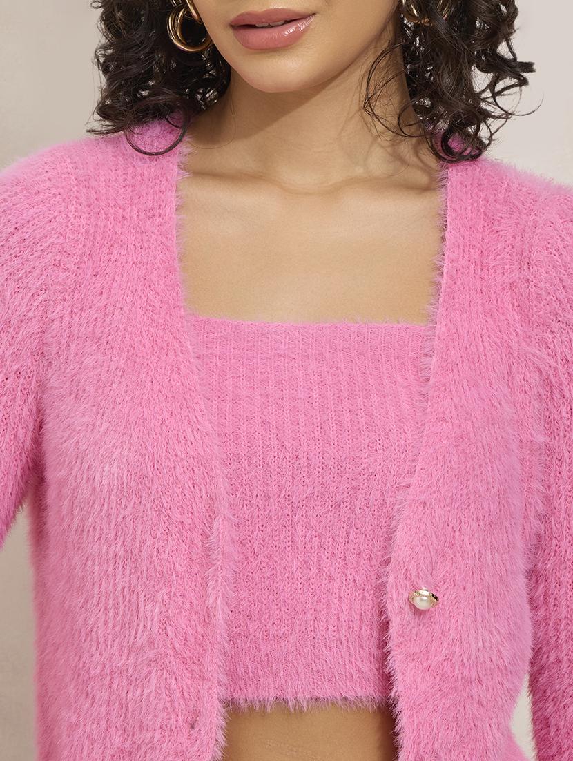 women solid long sleeve cardigan with tank top - 21941941 - Standard Image - 2