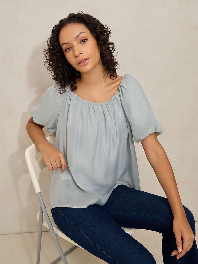 women solid puff sleeve a-line top