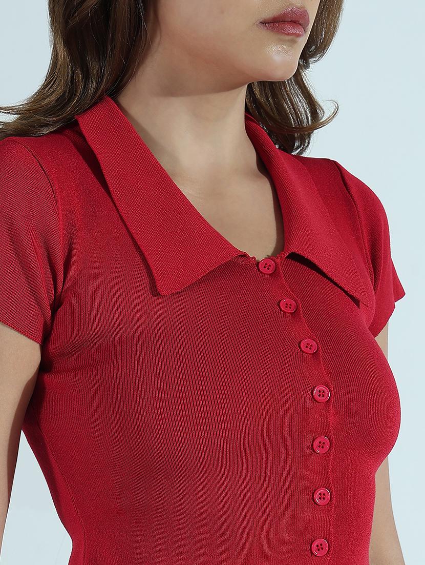 women solid collared short sleeves crop top - 21941948 - Standard Image - 2