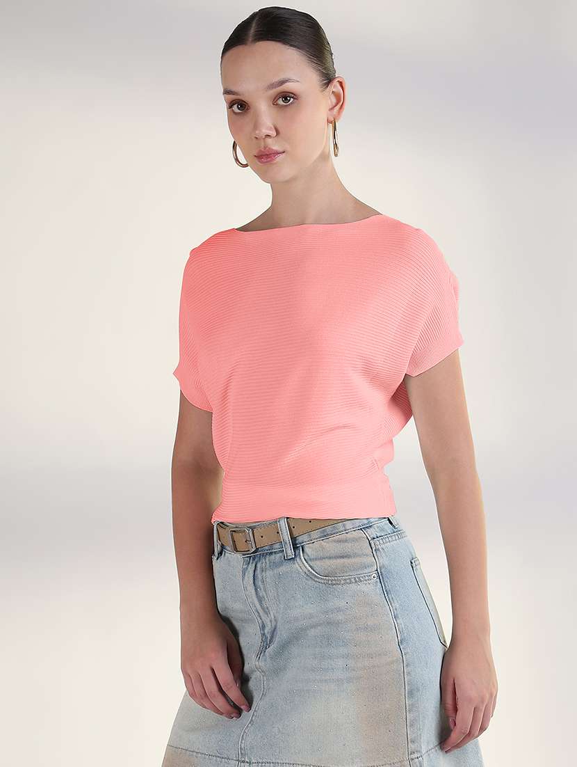 women pink solid boat neck regular top - 21941952 -  Standard Image - 2