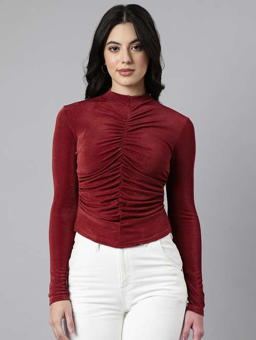 maroon ruched velvet full sleeves fitted top - 21941954 -  Standard Image - 0