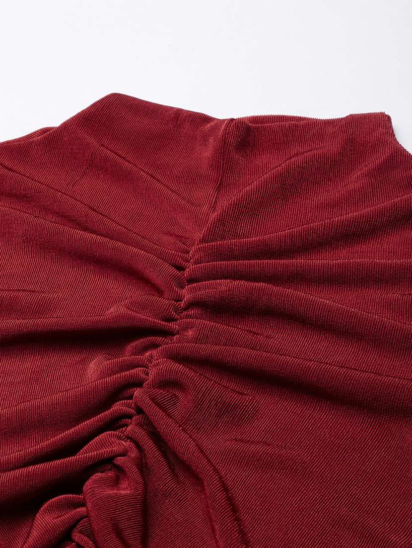 maroon ruched velvet full sleeves fitted top - 21941954 -  Standard Image - 2