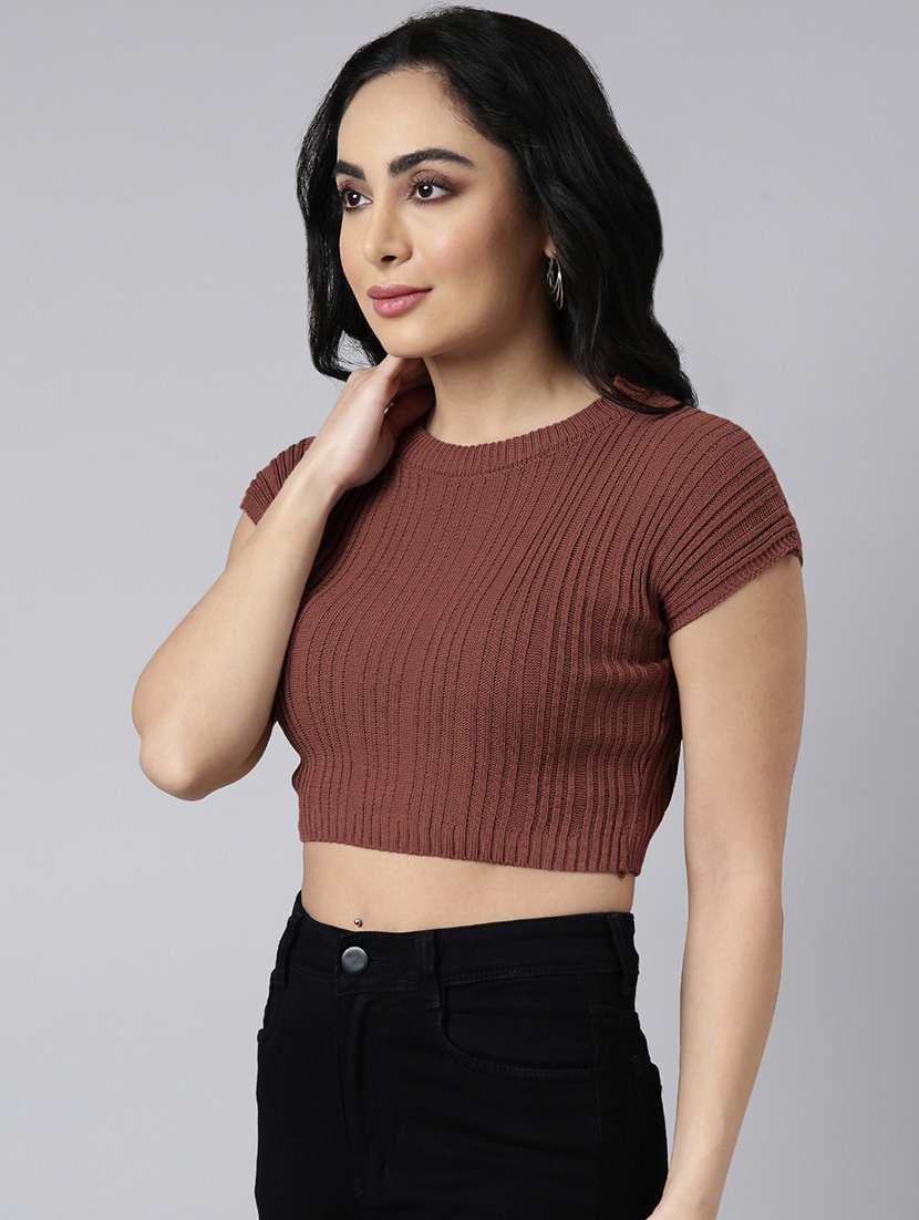women solid short sleeve crop top - 21941957 -  Standard Image - 2