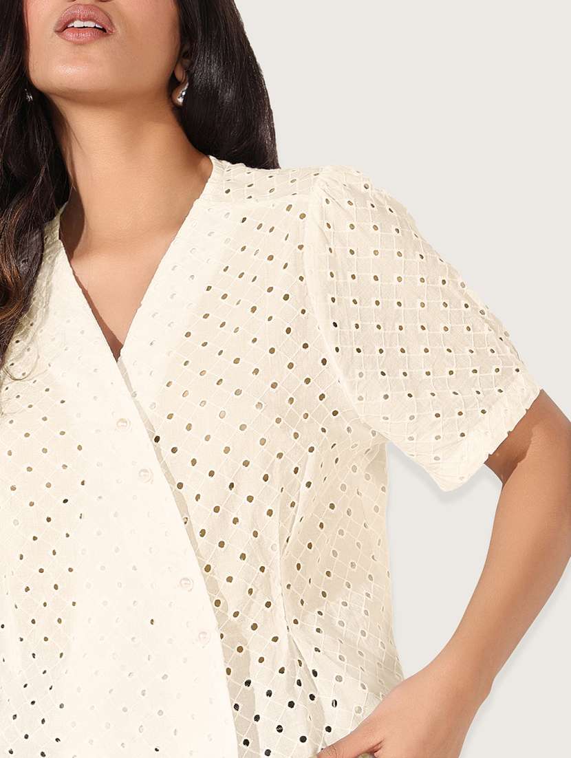 women cream solid short sleeve wrap top - 21941959 - Standard Image - 2