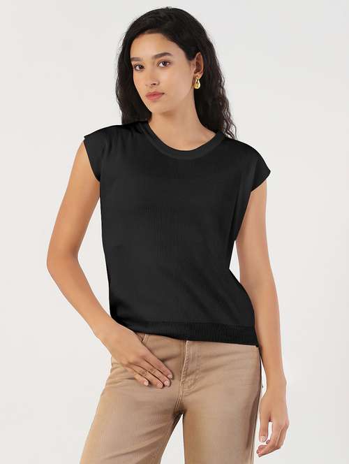 women black solid cap sleeves regular top - 21941960 -  Standard Image - 0