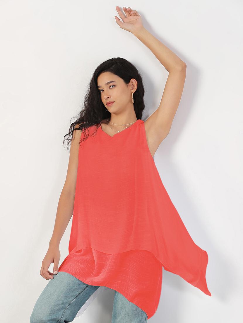 women peach solid sleeveless asymmetric top - 21941963 - Standard Image - 2