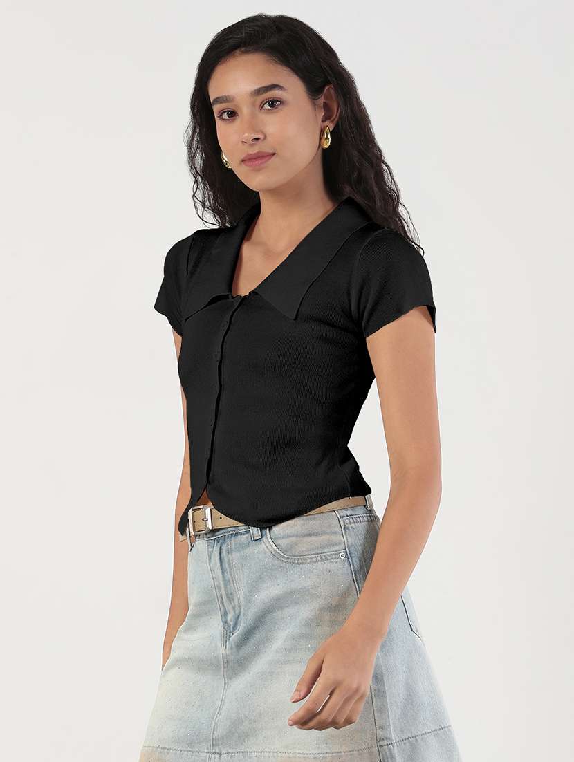 women black solid collared crop top - 21941965 -  Standard Image - 2