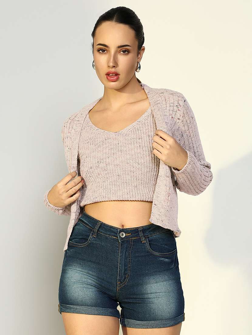  women's pink solid crop top with shrug