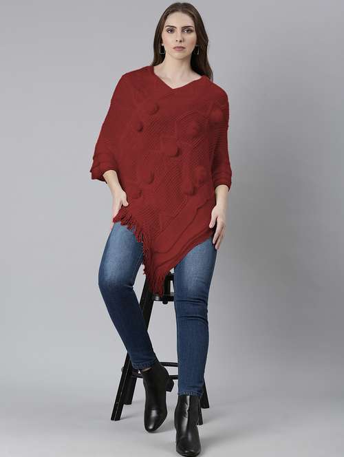 womne maroon self designed poncho - 21941992 -  Standard Image - 0