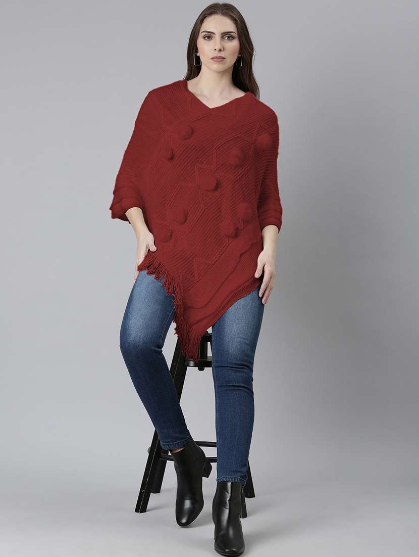 womne maroon self designed poncho - 21941992 -  Zoom Image - 0