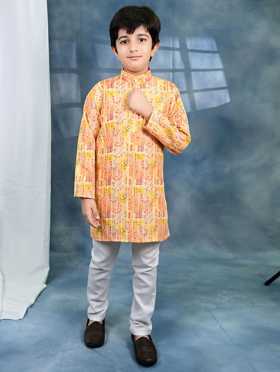 boys printed long sleeve kurta & pyjama set